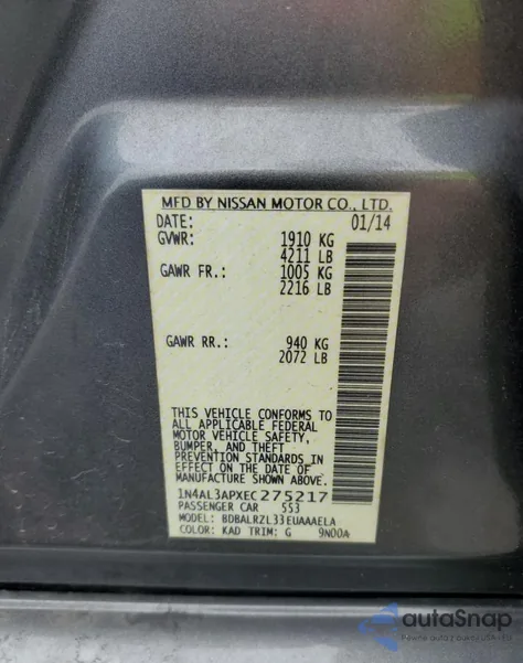 2014 Nissan Altima 2.5 from USA, damaged, VIN 1N4AL3APXEC275217